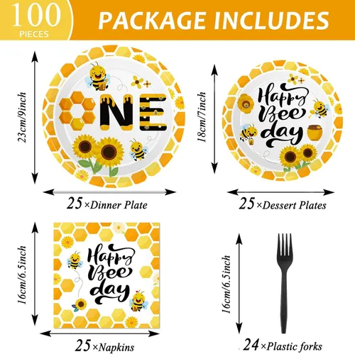 Vista 2 de Qyeahkj Juego de 100 platos de papel y servilletas de abeja, suministros para fiesta de primer cumpleaños, suministros para el primer cumpleaños