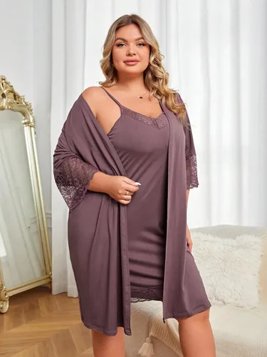 Vista 5 de Floerns Camisón de encaje en contraste para mujer, talla grande, con bata