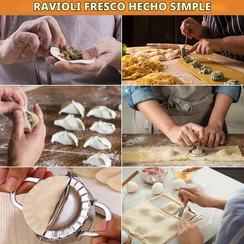 Vista 6 de Cortador de pasta de ravioles con rueda de rodillo (juego de 6), máquina de sellos para ravioles con mango de madera, herramientas de prensa
