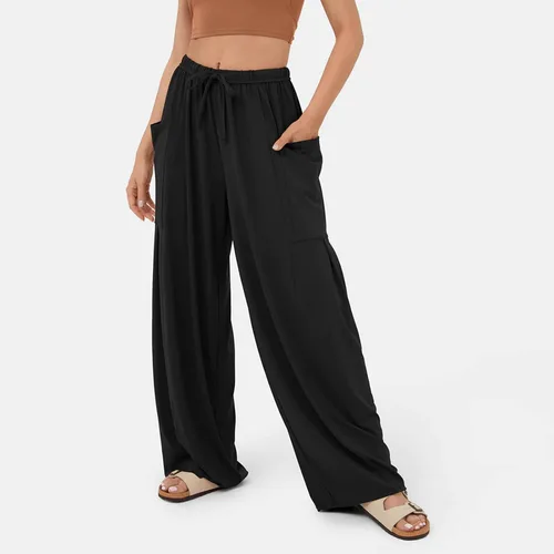 Vista 6 de Gumipy Pantalones holgados de pierna ancha para mujer, cintura elástica, con cordón, pantalones palazzo casuales con bolsillo lateral, pantalones