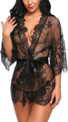 Vista 4 de Avidlove - Kimono de encaje para mujer, bata babydoll, camisón de malla para lencería de talla S-5XL
