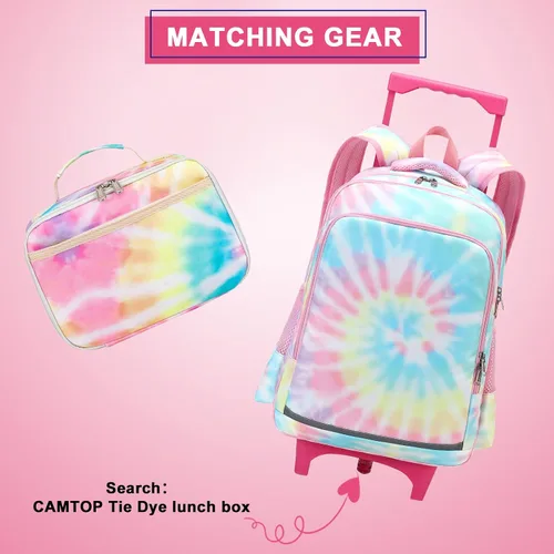 Vista 6 de CAMTOP Mochila con ruedas para niñas, bolsa de viaje con ruedas, mochila de equipaje con ruedas, Rosado Tie Dye