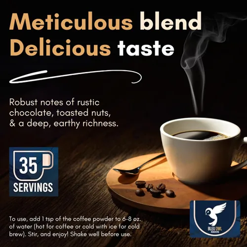 Vista 7 de Bleu Owl Instant Organic Mushroom Coffee - 7 Superfood Mushrooms for Gut Health Energy & Clarity - Arabica 35 servings, 2.5oz. - Lion’s Mane Chaga