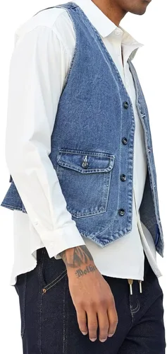 Vista 3 de LONGBIDA Chaleco de mezclilla para hombre, casual, ajustado, sin mangas, para exteriores
