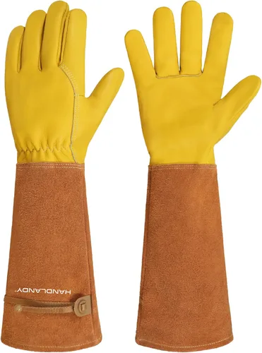 Vista 7 de HANDLANDY Guantes de poda largos para hombres y mujeres, de piel de cerdo, guantes de jardinería de rosas, guantes transpirables y duraderos