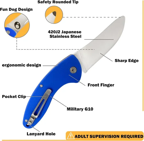 Vista 5 de Cuchillo de bolsillo para niños con clip y punta redondeada segura para el primer cuchillo de niño, cuchillos plegables de iniciación para niños