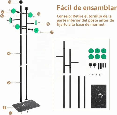 Vista 7 de JIAYUEJU Perchero de pie con base de mármol y 8 ganchos, perchero resistente para entrada, dormitorio, sala de estar, hotel, 14.96 x 10.24 x 68.9 A