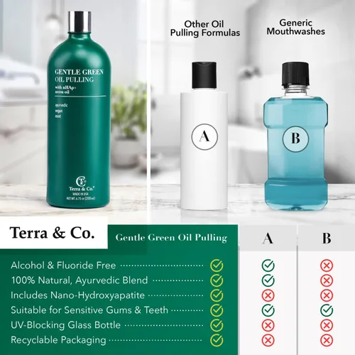 Vista 6 de Terra & Co. Nano hidroxiapatita suave aceite verde - Enjuague bucal natural vegano para la salud de los dientes y las encías - Sin alcohol y sin