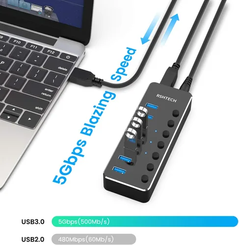 Vista 2 de RSHTECH Hub USB 3.0, expansor de concentrador USB de 7 puertos alimentado de aluminio con adaptador universal de CA de 5 V e interruptores