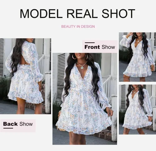 Vista 4 de Dokotoo Womens 2023 Fall Deep V Neck Ruffle Long Sleeve Floral Print Mini Dress