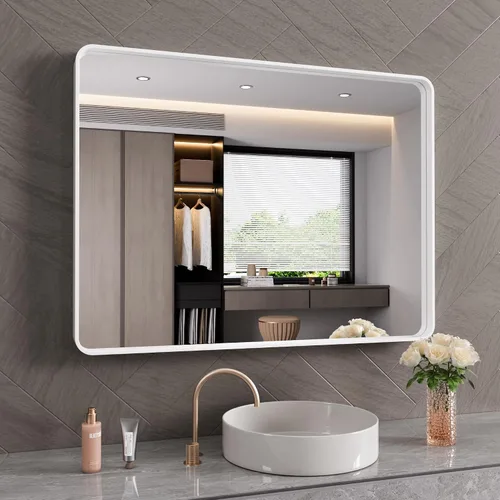 Vista 44 de JISOSO - Espejo de baño negro de 20x30 pulgadas con marco de metal negro, espejo de tocador rectangular redondeado con acabado mate para pared