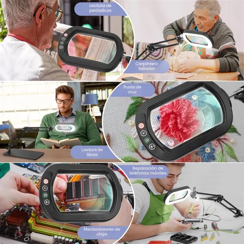 Vista 7 de Drdefi Lupa cuadrada de 10X con luz y soporte, lupa de cristal real iluminada con LED, 5 modos de color regulable continuo, lámpara de escritorio