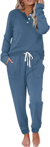 Vista 20 de Wiholl - Conjuntos de dos piezas para mujer: ropa cómoda con sudadera abotonada y pantalones deportivos con bolsillos