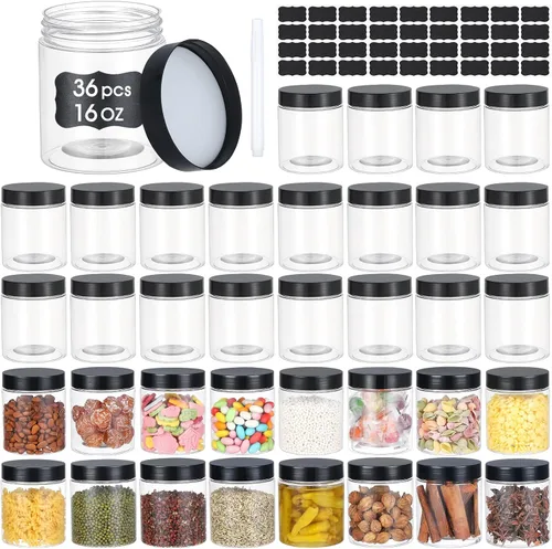 Vista 10 de OUSHINAN 48 frascos de plástico de 8 onzas con tapas de rosca, etiquetas, recipientes redondos vacíos rellenables para almacenar alimentos secos
