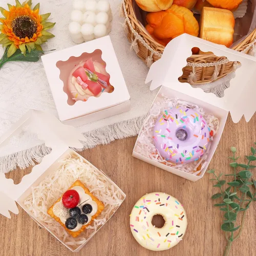 Vista 6 de TOMNK 100pcs White Small Cake Boxes with Window, 4x4x2.5 Inch Small Cookie Boxes with Window, Bakery Boxes for Small Cake, Treats, Donuts, Candy