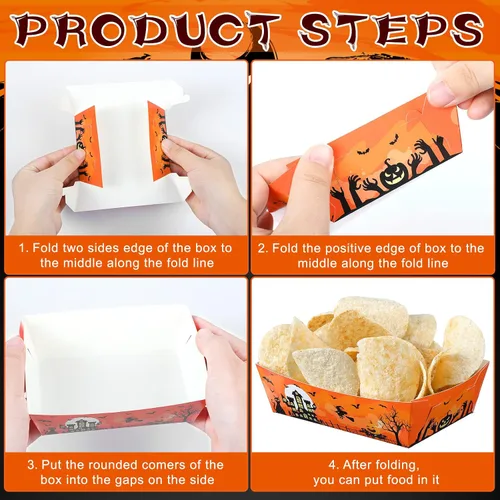 Vista 3 de Bandejas de papel de Halloween para alimentos, bandejas desechables para nachos, botes de papel, bandejas de servir para perros calientes, palomitas