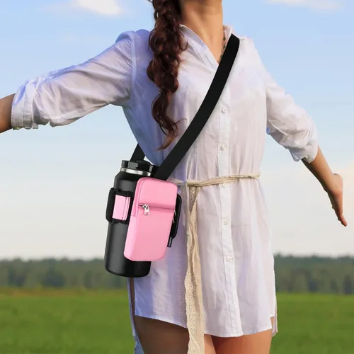 Vista 7 de Bolsa para botella de agua de gimnasio para vaso Stanley con asa, funda universal para botella de agua con correa y bolsillo, se adapta a una