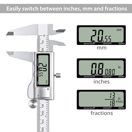 Vista 3 de Proster Calibrador Vernier digital de 6 pulgadas, 5.906 in, fracción de pinza electrónica, pinza métrica para longitud, ancho, profundidad, diámetro