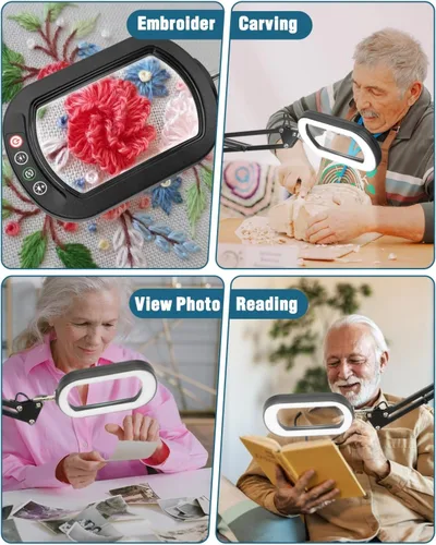 Vista 7 de 12 lupas con luz y soporte, lente rectangular de vidrio real, brazo giratorio grande de 2 x 16 pulgadas, lámpara de escritorio con abrazadera