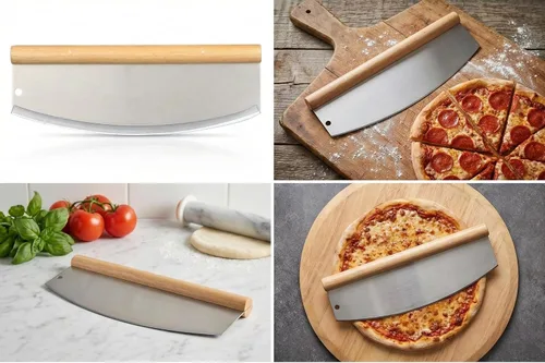 Vista 6 de Cuchillo mecedor profesional de acero inoxidable de 14 pulgadas, cortador de hoja de mango de madera con cubierta cómoda, rebanador de pizza