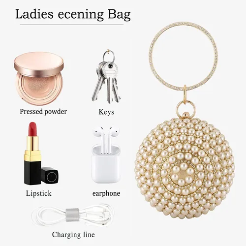 Vista 5 de Bolso de mano redondo para mujer, con diamantes de imitación, bolso de noche con cuentas de perlas
