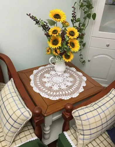 Vista 10 de Damanni Mantel de encaje de ganchillo hecho a mano de algodón beige para mesa, redondo, 16 pulgadas, 2