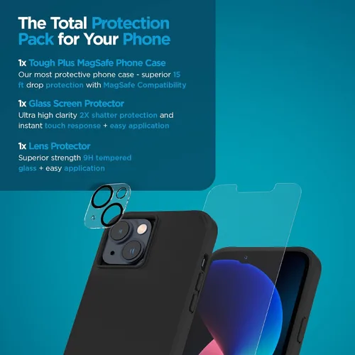 Vista 2 de Case-Mate Funda 3 en 1 para iPhone 14 Plus (negro intenso), vidrio templado y protector de lente, protección contra caídas de 15 pies, compatible