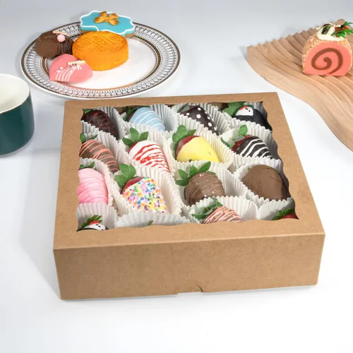 Vista 6 de 25 cajas de panadería marrones de 9 x 9 x 2.5 pulgadas con ventana para galletas, macarrón, fresas cubiertas de chocolate, mini pastel, trufa