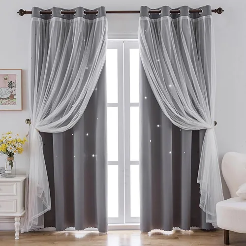 Vista 9 de indistar Cortinas opacas con recortes de estrellas para dormitorio de niña, cortinas de oscurecimiento para habitación de bebé, cortinas