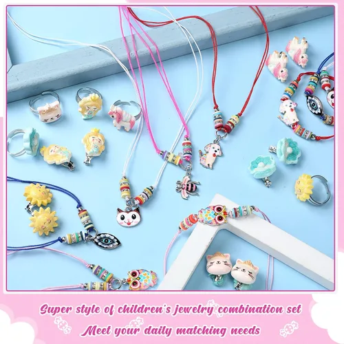 Vista 7 de Juego de 70 piezas de joyería para niños, pulseras ajustables de la amistad de sirena, unicornio, collares, anillos, aretes, colgante tejido