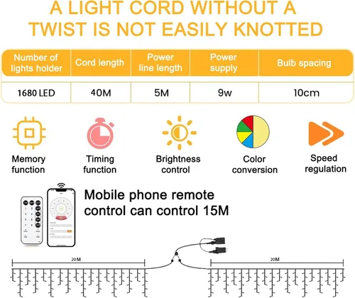Vista 8 de Luces de Navidad de 131 pies para exteriores, 1680 luces LED impermeables con 8 modos, luz de cadena con aplicación y control remoto para Blanco