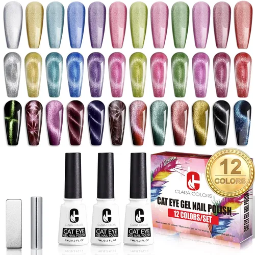 Vista 12 de Clara Colors Esmalte de uñas magnético – Kit de esmalte de gel de ojo de gato de 20 colores, esmalte de uñas holográfico con purpurina de ojo