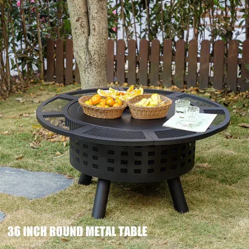 Vista 6 de Verdeluxe Hoguera al Aire Libre de 91 cm con Parrilla, Hogueras de Leña para Exteriores con Tapa y Atizador, Mesa de Hoguera 3 en 1 de Metal
