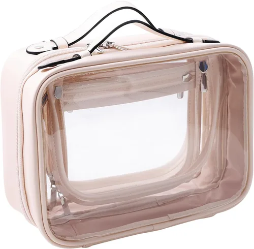 Vista 9 de SANHECUN Neceser de viaje Estuche grande transparente para cosméticos bolsa de maquillaje (beige, pequeño)