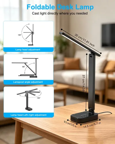 Vista 4 de One Beat Pequeña lámpara LED de escritorio, cable de extensión de 5 pies con 3 tomas, 4 puertos USB (2 USB C), 4 modos, lámpara táctil de 5 niveles
