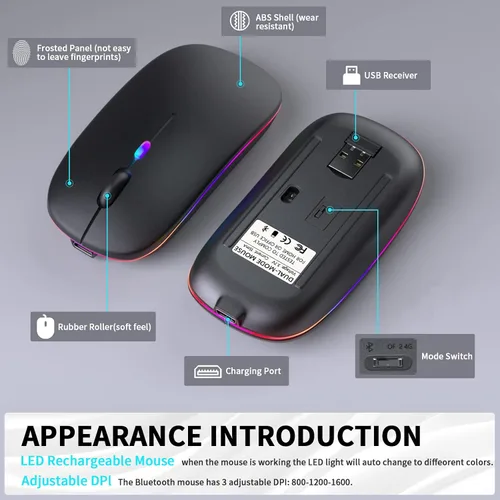 Vista 7 de KANMABPC Mouse inalámbrico Bluetooth – Recargable, silencioso, modo dual (Bluetooth 5.2 y USB) con luces LED – Portátil para laptop, escritorio