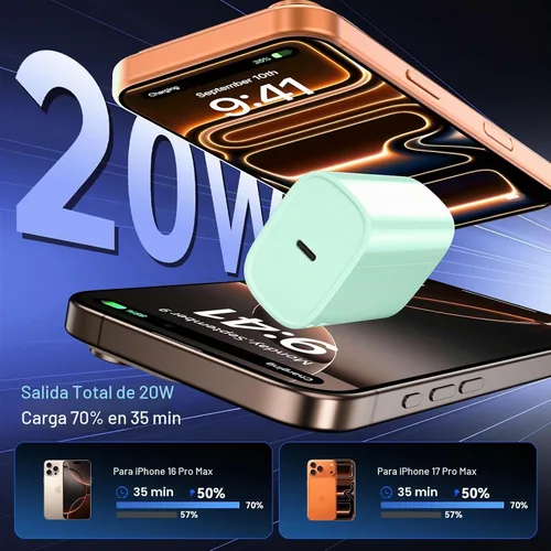 Vista 2 de Cargador para teléfono 17, 16, 15 Pro, carga rápida, 20 W, USB C, bloque de carga rápida con cargadores tipo C de 3 pies de largo, cable de carga