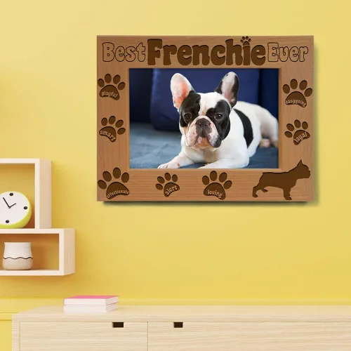 Vista 3 de KATE POSH Best Frenchie Ever - Marco de fotos de madera natural grabado, marco de fotos de bulldog francés, regalos conmemorativos para mascotas