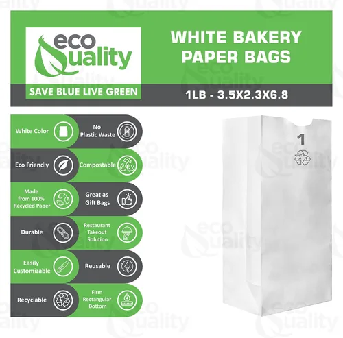 Vista 2 de EcoQuality - Bolsas de almuerzo de papel blanco de 1 libra, capacidad de 1 libra, bolsas de papel blanco kraft, bolsas de panadería, bolsas