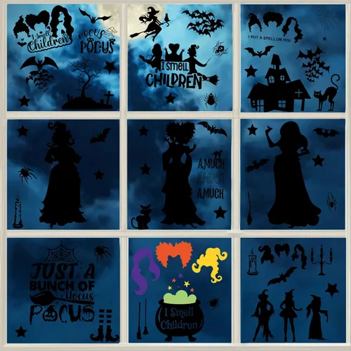 Vista 8 de Decoraciones de Hocus Pocus, calcomanías de ventana de Halloween, 9 hojas, 91 calcomanías de Hocus Pocus, calcomanías de silueta de ventana