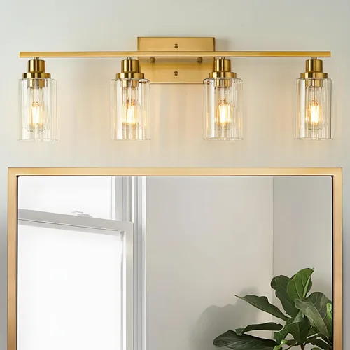 Vista 17 de Jonsi Accesorios de iluminación de baño dorados, 2 luces de tocador de oro cepillado con pantalla de vidrio estriada, luces modernas sobre espejo