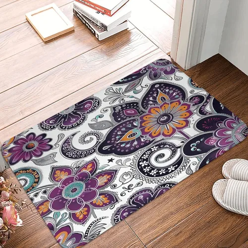 Vista 3 de LB Alfombra de baño de flores bohemias, alfombra de baño antideslizante con estampado floral bohemio morado y negro, espuma viscoelástica suave