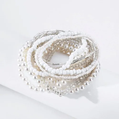 Vista 4 de Caiyao Juego de pulseras elásticas de perlas de imitación para mujer, multicapa con cuentas bohemias de semillas de arroz, hilo de perlas apilable