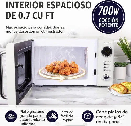 Vista 5 de Nostalgia Horno microondas compacto retro para encimera, 0.7 pies cúbicos, 700 vatios con pantalla digital LED, bloqueo para niños, interior fácil