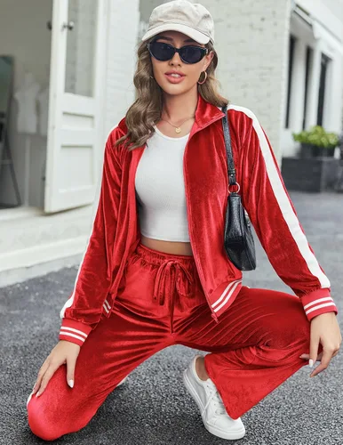 Vista 4 de Ekouaer Conjunto deportivo de terciopelo de terciopelo para mujer, 2 piezas, sudadera con cremallera y pantalones deportivos con bolsillos, tallas