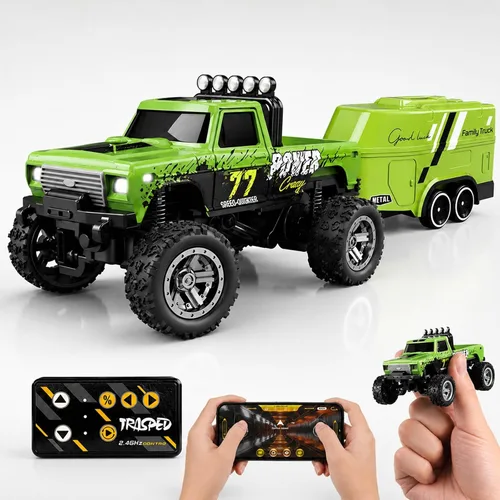 Vista 13 de Mini camión monstruo de control remoto a escala 1:64 con remolque 2.4 GHz y control dual de aplicación, mini auto RC de aleación con luces LED Azul