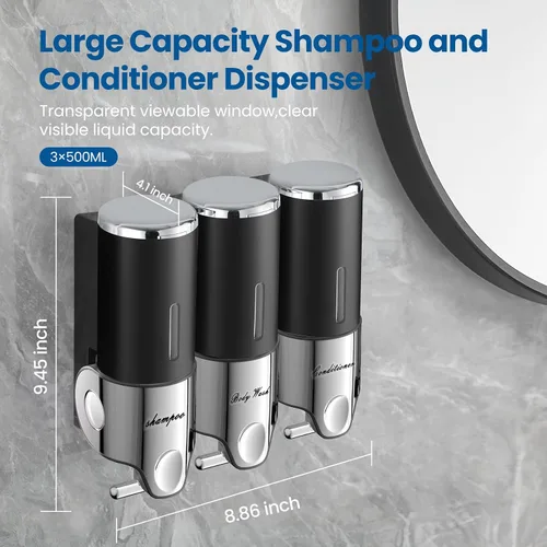 Vista 3 de Dispensador de champú y acondicionador, dispensadores para la ducha, dispensador de jabón de ducha de 3 cámaras sin taladro, dispensador de champú