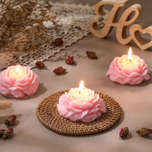 Vista 3 de Roowest - 3 velas con forma de flor de rosa, hechas a mano, color rosa Vela estética en forma de rosa, decorativa para decoración de yoga, spa