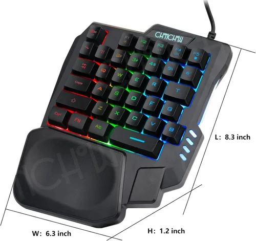 Vista 7 de CHONCHOW Teclado para juegos con una sola mano, 35 teclas, LED arcoíris, USB con cable, ergonómico con reposamuñecas, mini portátil, compatible