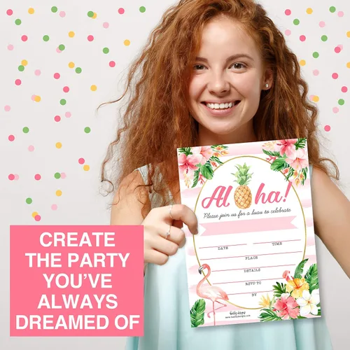 Vista 8 de Hadley Designs 25 invitaciones de fiesta en la piscina para niñas, invitaciones de cumpleaños tropicales hawaianas para niños y adultos, perfectas